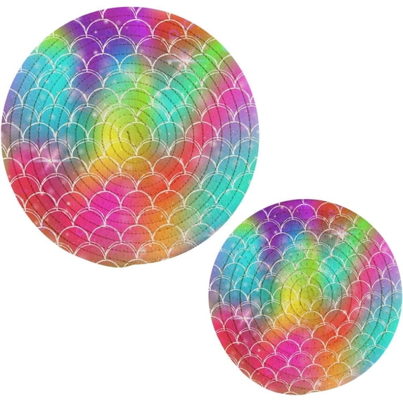 Round Cotton Trivets Pot Holders 2PCS for Hot Pots and Pans and Pot Holders Cooking and Baking Placemat, Kitchen Placemat Hot Pad Coasters 7/9In-Mermaid Princess Rainbow Scales
