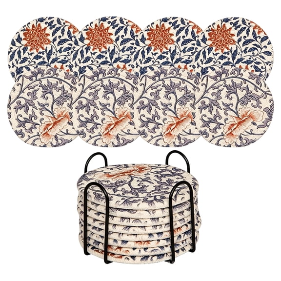 Round Cotton Woven Heat Resistant Mats with Retro Floral Pattern & Storage Rack – Heatproof Coasters for Kitchen, Dining Table, Countertop Protection (Up to 220°C), Scratch & Condensation Resistant
