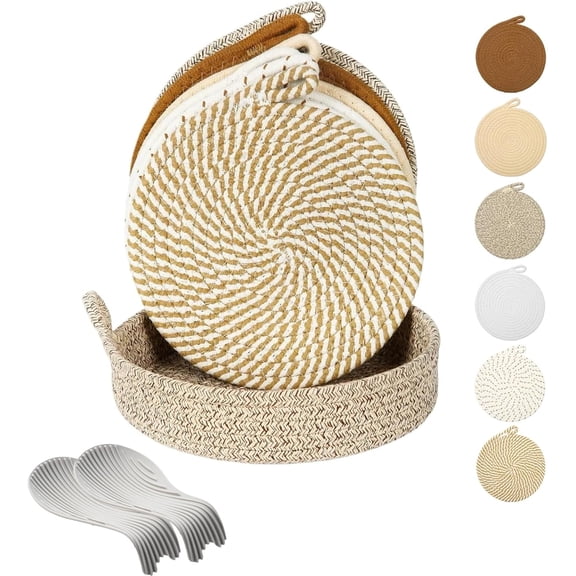 Round Cotton Woven Placemats Set, 8 Inch Nordic Braided Heat Resistant Table Mats, Thick Non Slip Insulated Trivets with Storage Basket for Dining Table, Kitchen, Coffee Table