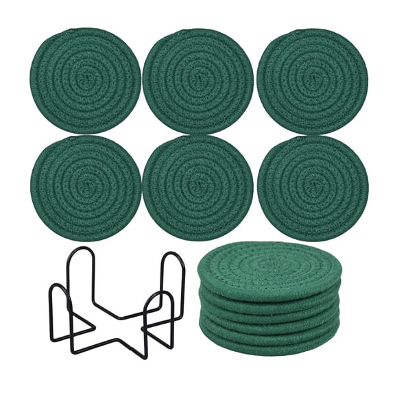 Round Cotton Yarn Woven Coasters Set – Non-Slip Heat-Resistant Drink Mats with Stand, Eco-Friendly Dark Green Table Protectors for Home, Office & Kitchen, 4.6 Inch, 6-Pack