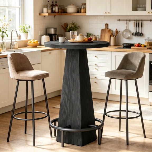 Round Counter Height Bar Table Only 37.4 Inch Pyramid Base MDF Pub Table with Metal Footrest Rustic Brown High Top Table for Home Bar Living Room Office Lounge