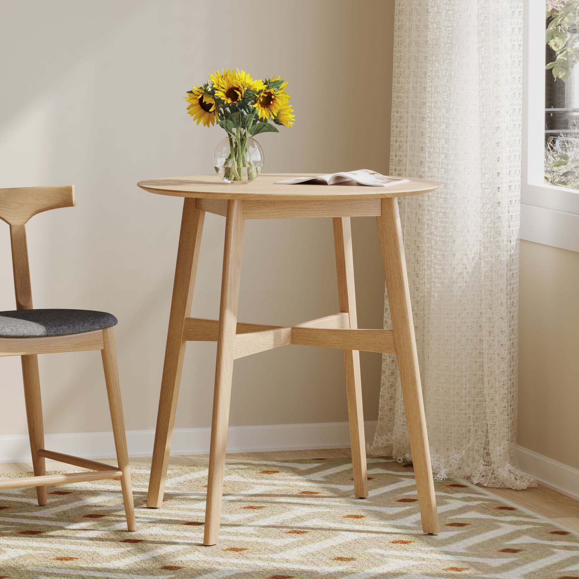 Round Counter Height Dining Table 35.4 Inch, Natural Oak Finish Bar Table for Kitchen Dining Room