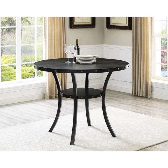 Round Counter Height Dining Table | Contemporary Style with Brass Nail - heads for Trendy Look | Coffee Bean Finish Wood Top & Metal Frame | Open Shelf for Storage