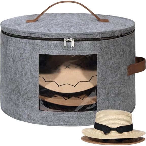 Round Cowboy Hat Box for 7 Caps, Large Felt Hat Organizer Bag for Men&Women Storage, Baseball Cap Container with  Lid for Travel, Foldable 16.5"Dx10.6"H Carrier, 37L Each, Gray 1