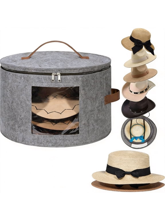 Round Cowboy Hat Box Storage Bag for 7 Caps Large Foldable Felt Baseball Container with Lid for Travel Carrier 16.5x10.6 Inch 37L 1 Pack Gray