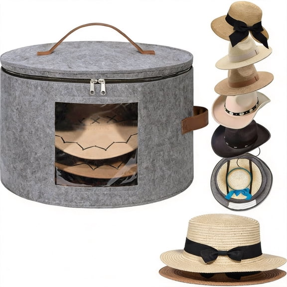 Round Cowboy Hat Box Storage Bag for 7 Caps Large Foldable Felt Baseball Container with Lid for Travel Carrier 16.5x10.6 Inch 37L 1 Pack Gray