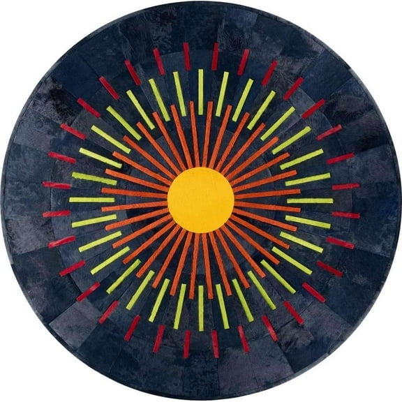 Round Cowhide Leather Striped Rug 3×3 ft – Modern Blue Geometric Sunburst Patchwork Area Carpet, Durable Non-Slip Circle Accent Rug for Living Room, Bedroom, & Home Decor