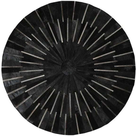Round Cowhide Leather Striped Rug - 6x6 ft Black Sunburst Patchwork Area Rug for Living Room