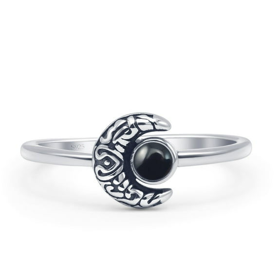 Round Crescent Moon Ring Black Agate 925 Sterling Silver Size 10