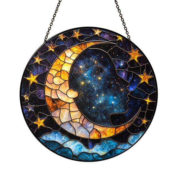 Round Crescent Moon Star Glass Suncatcher Window Decor, Cosmic Night Ornament Gift for Home