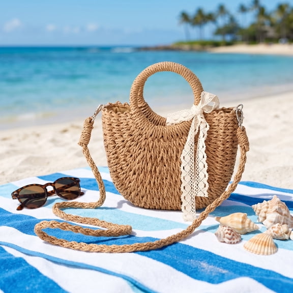 Round Crossbody Bag Grass Woven Bag Paper Rope Handmade Beach Bag Small Shoulder Handbag Lace Carry Purse For Vacation Travel Seaside Walk Daily Outings Summer Style Beach Vacation