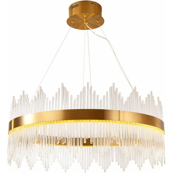 Round Crystal Chandelier Modern Gold Pendant Light LED Contemporary Three Color Temperatures Hanging Lighting Fixture Adjustable Height for Living Room Dining Room D31.5'' x H13.77''