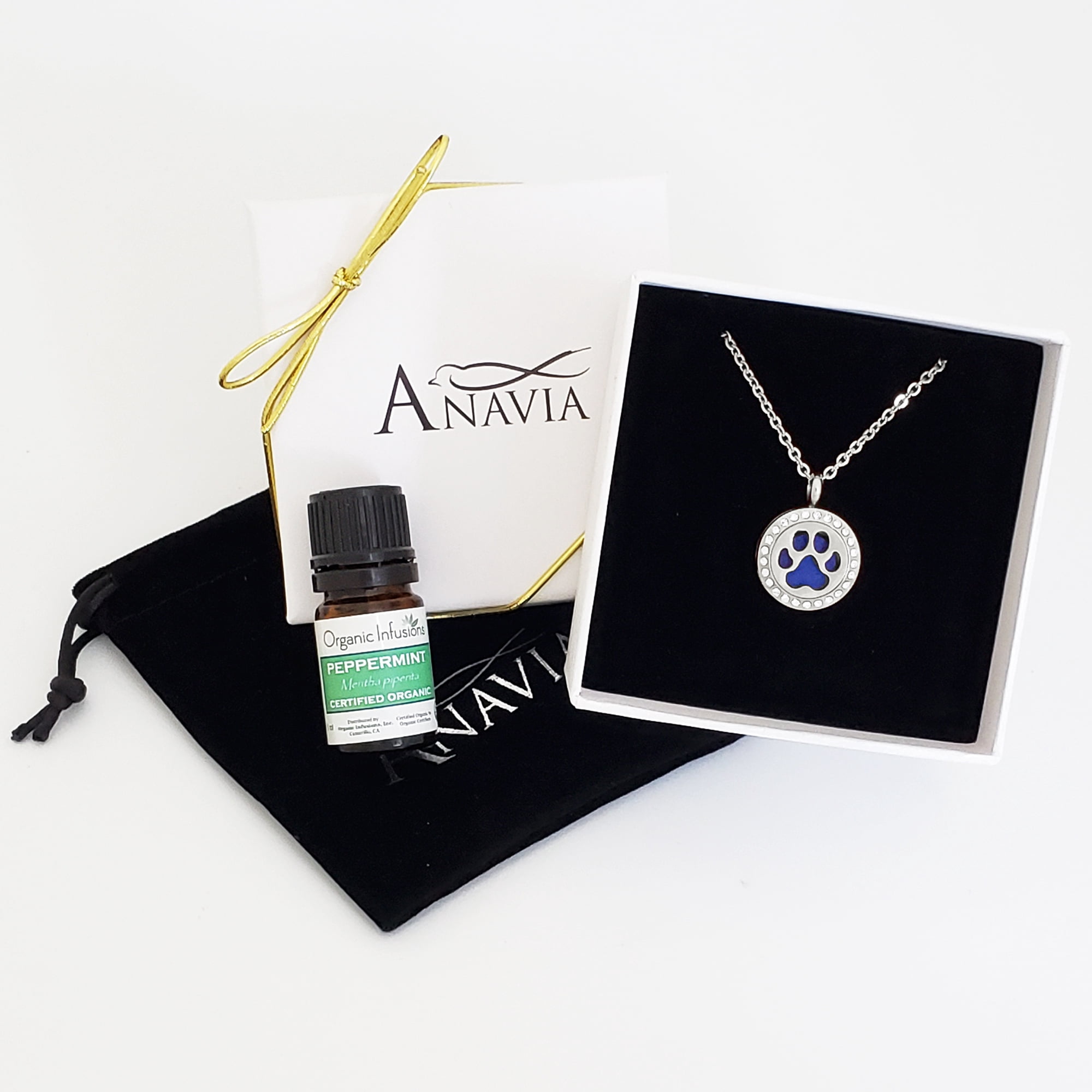 Round Crystal Dog Paw Aromatherapy Mother's Day Gift for Mom - Peppermint Essential Oil Diffuser Pendant Necklace - Jewelry Gift Set for Mom - Anniversary - Organic - 12 Reusable Pads
