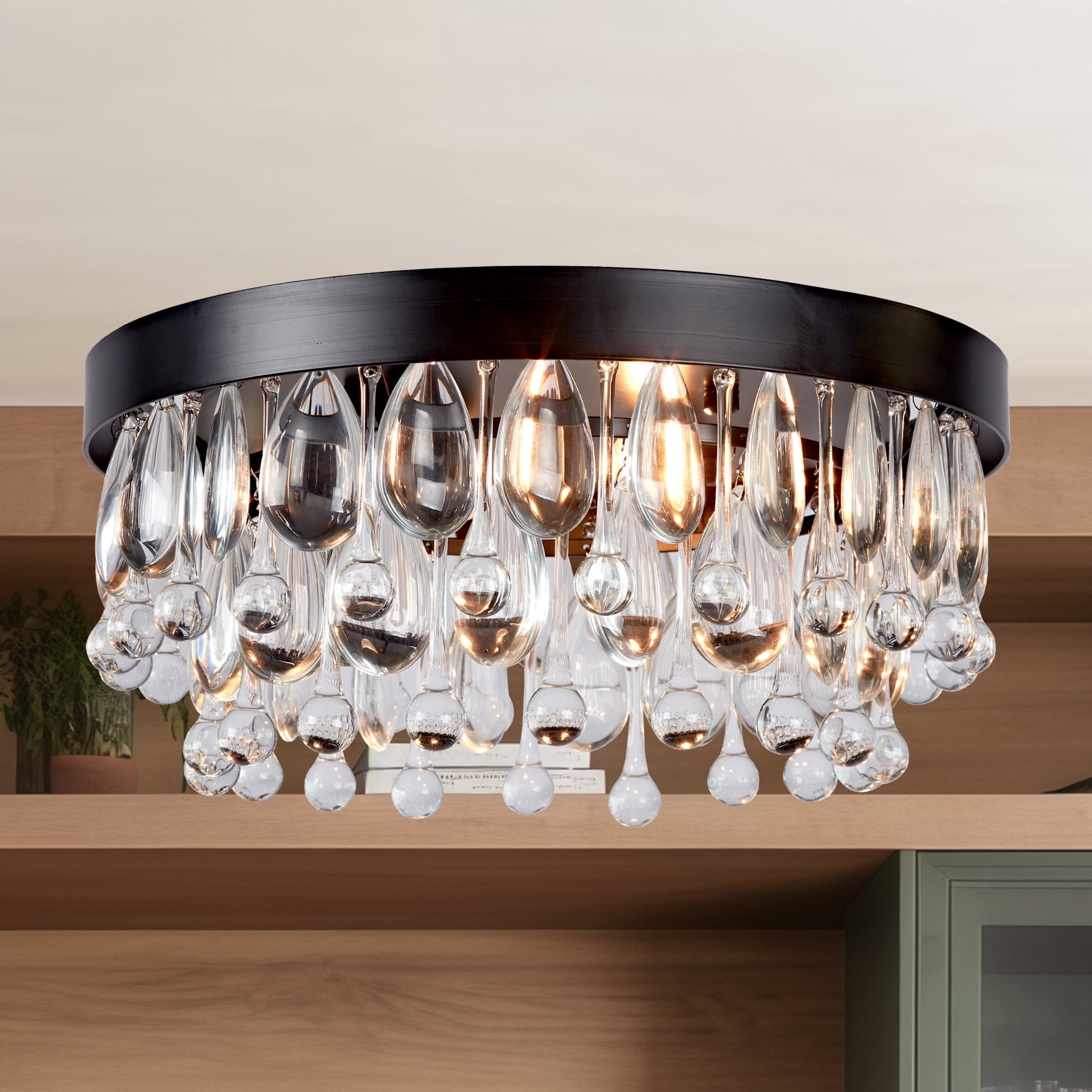Modern Round Crystal Droplet Ceiling Light, Matte Black Luxury Ceiling Lamp, Elegant Ceiling Light, Modern Light Fixture over Kitchen Island, for Living Room, Dining Room, Bedroom