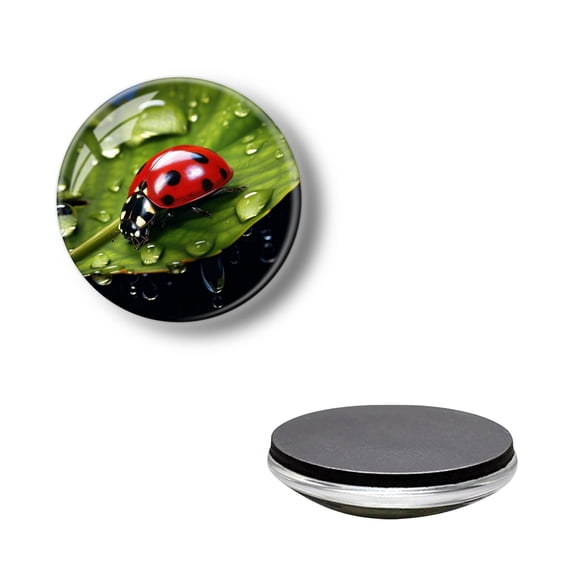 Round Crystal Glass Fridge Magnet Sticker, Red Beetle on the Green Leaves Strong Non-Scratch Refrigerator Magnets Decoration for Kitchen, Office Whiteboard and Lockers 1.18*1.18 Inch