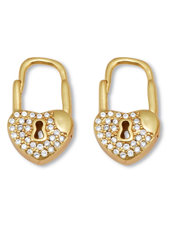 Round Crystal Goldtone Heart Lock Drop Earrings