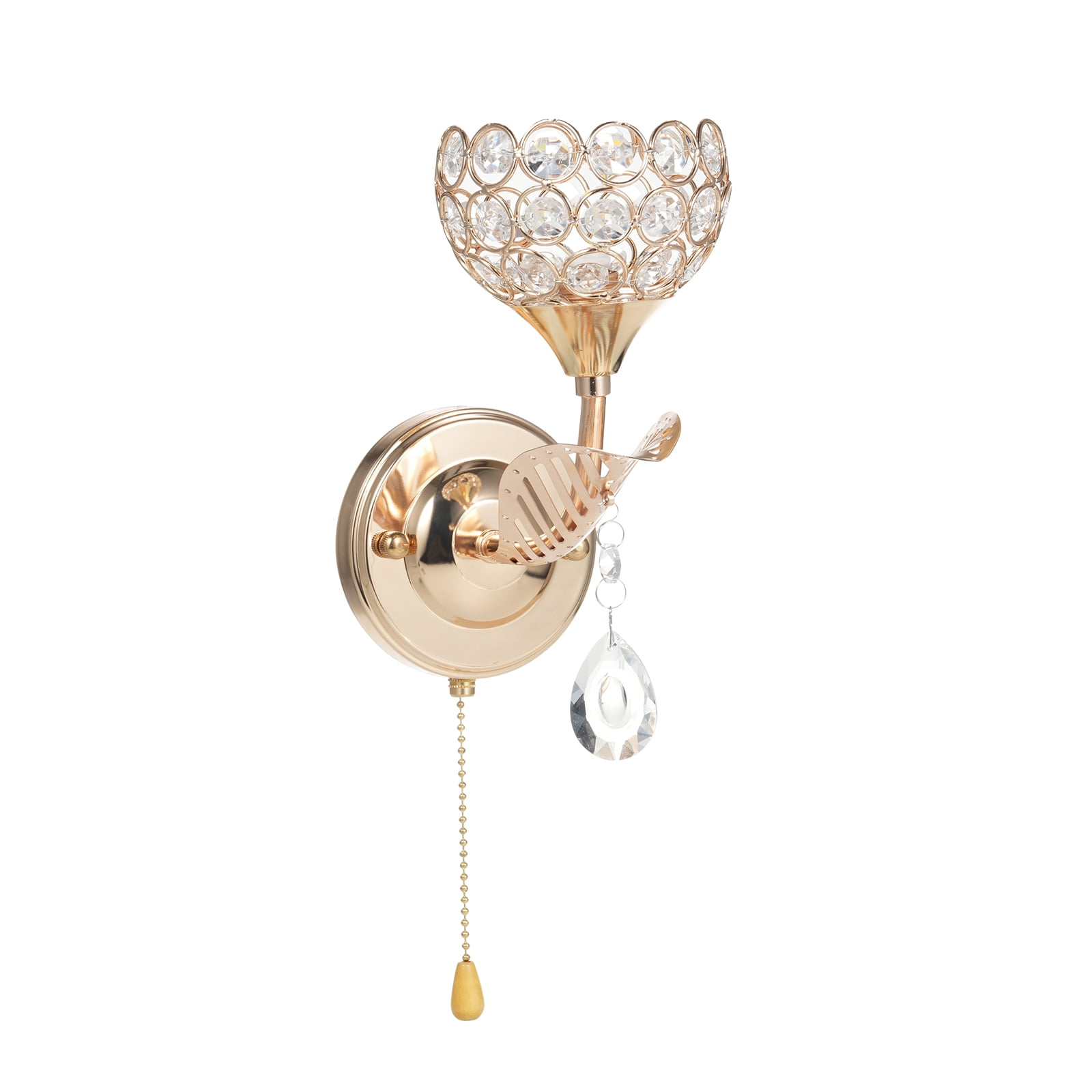 Round Crystal Wall Sconces Stylish Bedside Wall Lights with Pull Chain