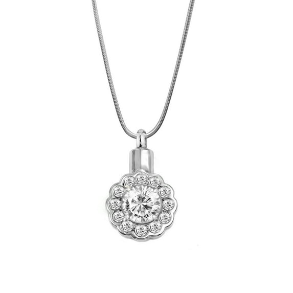 Round Crystal White Beautiful Crystal Rhinestone Flower Cremation Urn Necklace for Human Ashes Stainless Steel Memorial Pendant Keepsake Jewelry with Free Funnel Kit and Velvet Jewelry Box