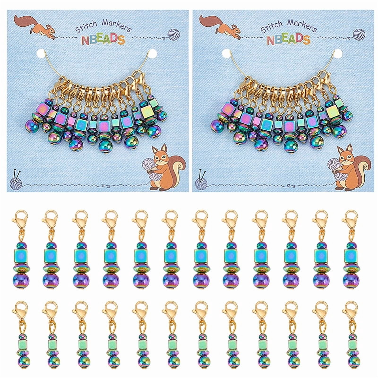 Round & Cube & Abacus Beaded Pendant Stitch Markers 304 Stainless Steel Crochet Lobster Clasp Charms Locking Stitch Marker with Wine Glass Charm Ring