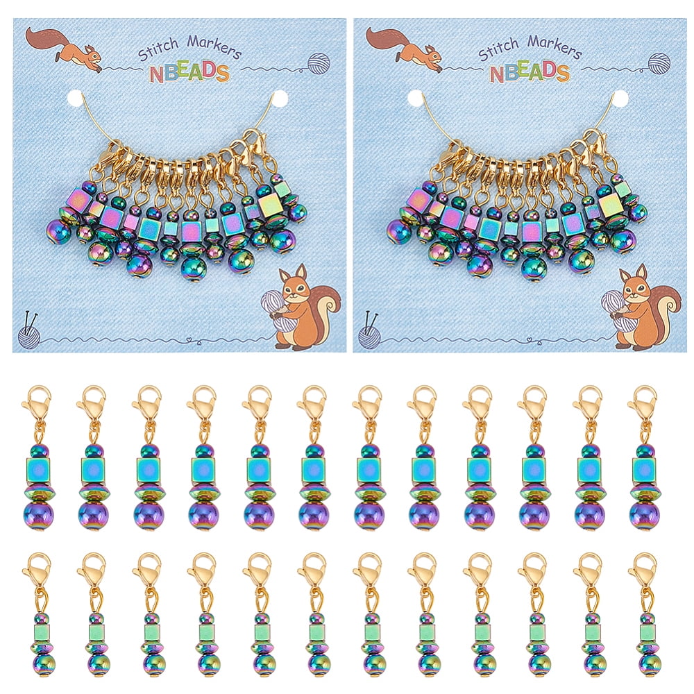 Round Cube Abacus Beaded Pendant Stitch Markers Crochet Lobster Clasp Charms Locking Stitch Marker with Wine Glass Charm Ring Rainbow Color 3.2~3.5cm