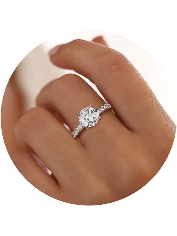 Round Cubic Zirconia Engagement Rings for Women - 18K White Gold Plated CZ Engagement Ring 8.5mm 4 Claw Wedding Rings for Women Girl Trendy Engagement Ring for Women Hidden Halo Promise Ring
