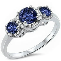 Round Cubic Zirconia Halo Three Stone Ring Sterling Silver Size 6