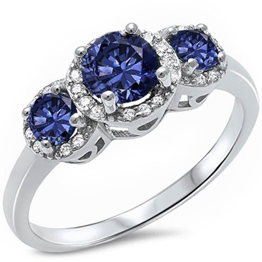 Round Cubic Zirconia Halo Three Stone Ring Sterling Silver Size 6
