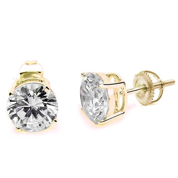 Round Cubic Zirconia Screw Back Earrings Gold-Tone Sterling Silver 4mm