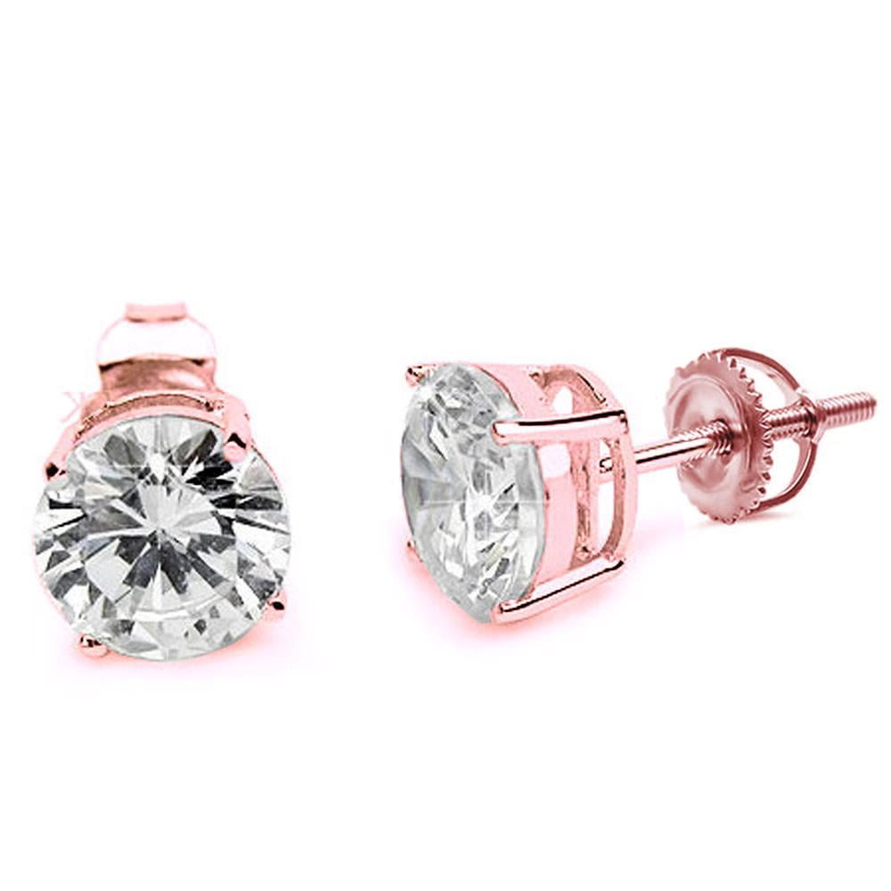 Round Cubic Zirconia Screw Back Earrings Rose Gold-Tone Sterling Silver 4mm