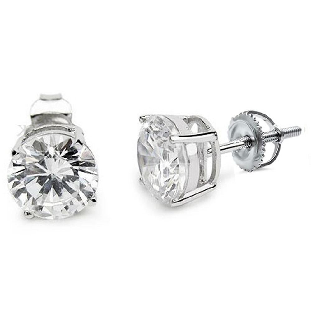 Round Cubic Zirconia Screw Back Earrings Sterling Silver 3mm