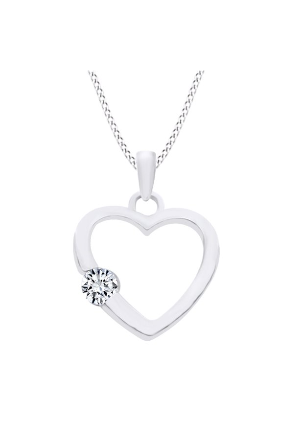 Round Cubic Zirconia Solitaire Heart Pendant Necklace In 14k Solid White Gold
