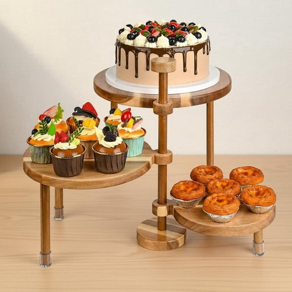 Round Cupcake Stand, 360 Rotatable Acacia Wood Cake Stand Cupcake Tower, Rustic Wooden Tiered Dessert Table Display Set, Tiered Tray Stands