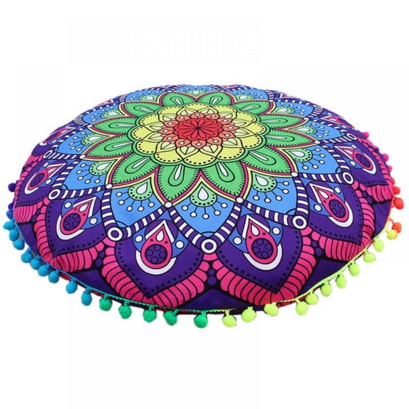 Round Cushion Cover, Decorative Mandala Pillow Sham, Indian Bohemian Ottoman Poufs, Pom Pom Pillow Cases, Outdoor Cushion Cover