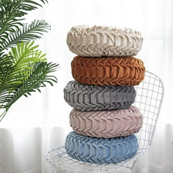 Round Cushion Pillows Solid Color Velvet Chair Sofa Pumpkin Throw Pillow Pleated Floor Pillow for Home Bed Car Decor 38 * 10CM