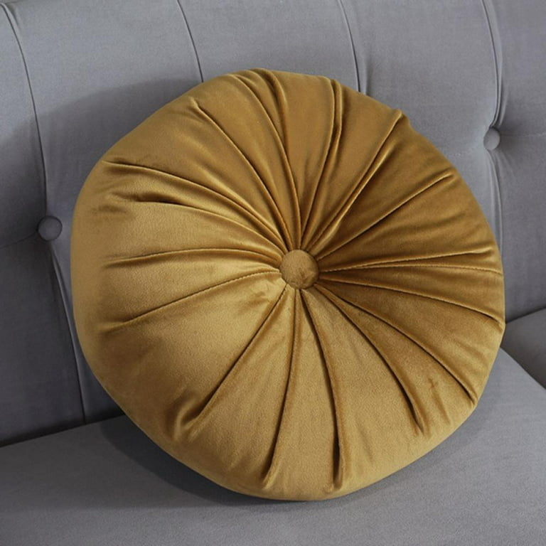 Round Cushions Pillows, Solid Color Velvet Chair Sofa Pumpkin Throw Pillow  Pleated Round Pillow for Home Bed Car Decor Floor Pillow Cushion (Yellow)