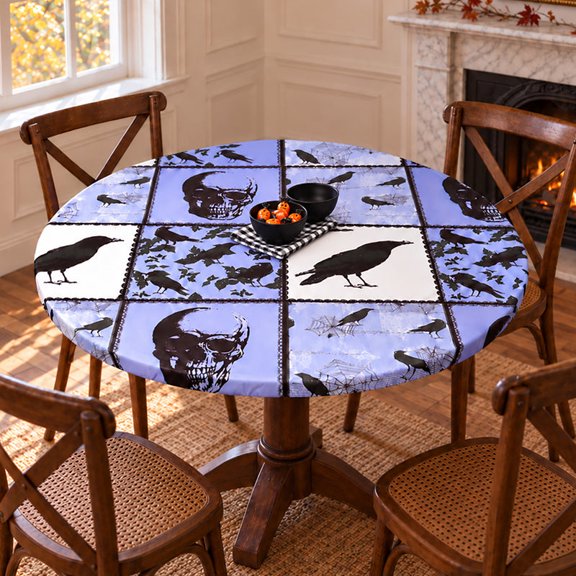 Round Custom Fitted Tablecloth with Flannel Backing Halloween