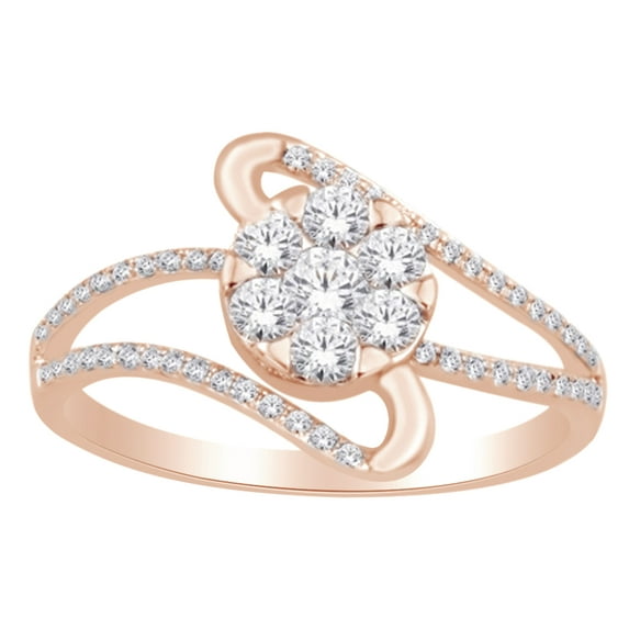 AFFY Round Cut (0.5 Cttw) White Natural Diamond Cluster Bypass Engagement Ring In 14K Solid Rose Gold