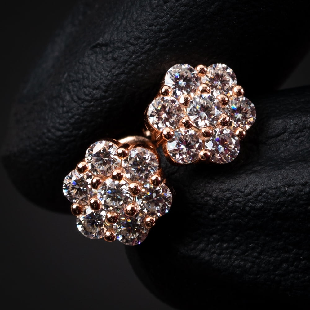 Round Cut 1.33Ct Natural VVS D Color Moissanite Earring Pink 14K Rose Gold 925 Sterling Silver Honey Comb Flower Set Cluster Hip Hop Screw Back Unisex Stud Earrings