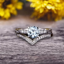 Round Cut 1.50 Carat Aquamarine Bridal Ring Set Anniversary Gift With Stacking Matching Wedding Band 10k White Gold Art Deco