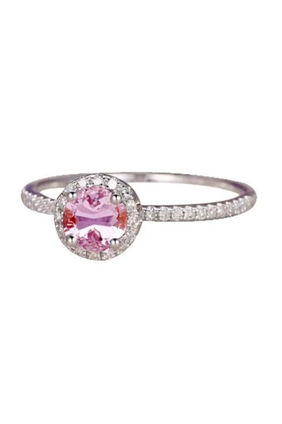 Round Cut 10.75 CT Pink Kunzite with Diamonds Ring, 14K White Gold - Size 6.5