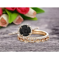 Round Cut 2.75 Carat Black Diamond Moissanite Trio Ring Set Thin Stacking Matching Wedding Band 10k Yellow Gold Art Deco