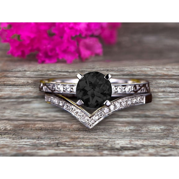 Round Cut 2 Carat Black Diamond Moissanite Bridal Ring Set Anniversary Gift With Stacking Matching Wedding Band 10k White Gold Art Deco
