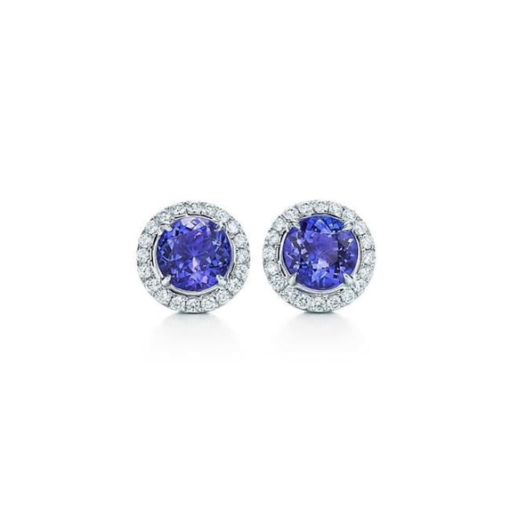 Round Cut 4 CT Tanzanite & Diamond Halo Stud Earrings