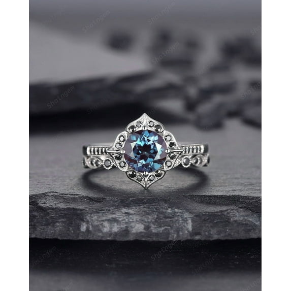 Round Cut Alexandrite Engagement Ring Set, Vintage White Gold Black Moissanite Halo Promise Wedding Ring Bridal Set, Floral Ring set
