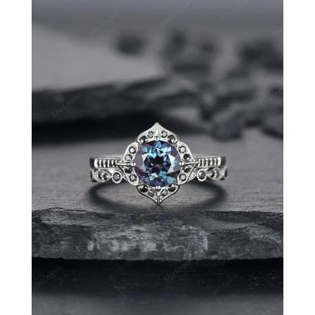 Round Cut Alexandrite Engagement Ring Set, Vintage White Gold Black Moissanite Halo Promise Wedding Ring Bridal Set, Floral Ring set