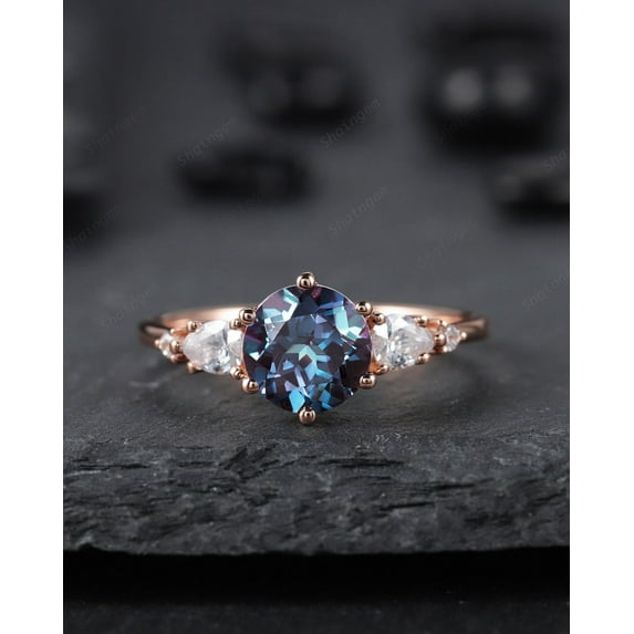 Round Cut Alexandrite Engagement Ring, Vintage 14K Rose Gold Alexandrite Promise Ring, Art Deco June Birthstone Wedding Ring Gift