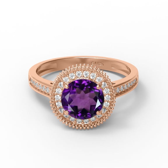 Round Cut Amethyst Gemstone 925 Silver Rose Plating White Zircon Accents Woman Engagement Solitaire Ring-1.80 ctw Gemstone