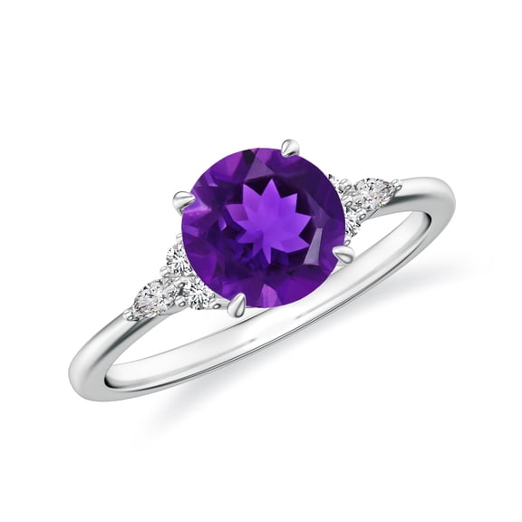Round Cut Amethyst Side Stone Engagement Ring with Moissanite in Sterling Silver/ White Gold Plated Trilogy Promise Wedding Band Ring February Birthstone, Birthday, Anniversary Jewelry, Ring Size 5