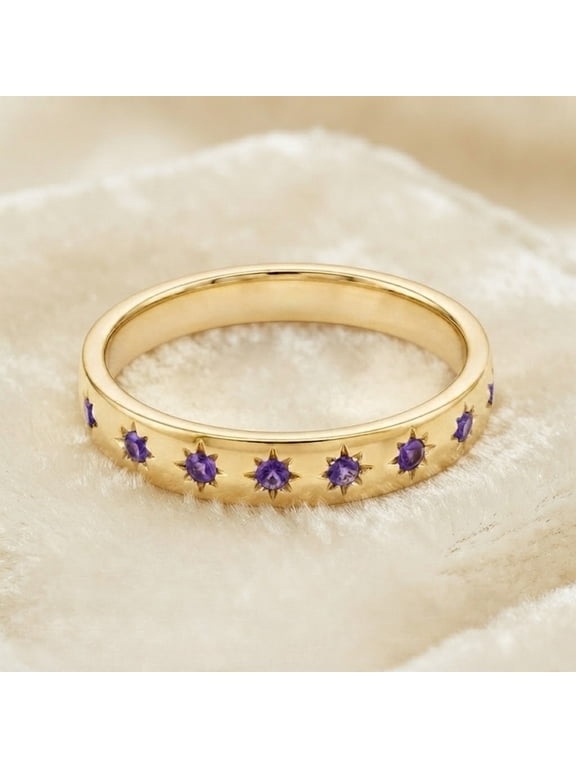Round Cut Amethyst Starburst Half Eternity Band Ring, 925 Sterling Silver Yellow Gold Plated Promise Ring, February Birthstone Jewelry, Gift For Her