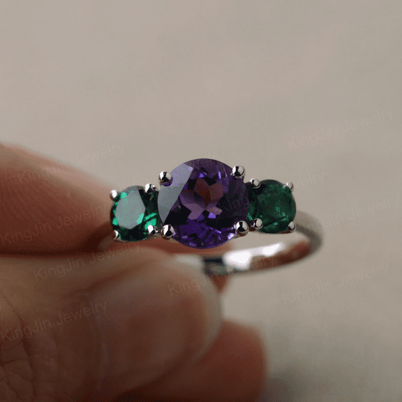 Round Cut Amethyst and Emerald Ring Silver Three Stone Mother Ring February May Birthstone Ring